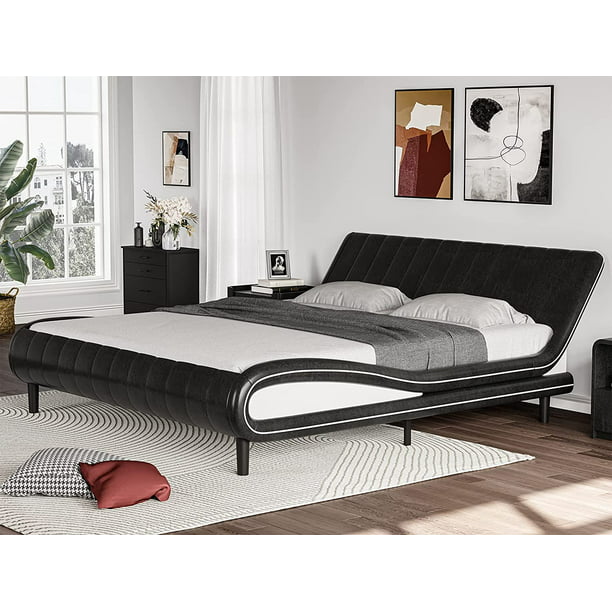 King Size Bed Frame Modern Wave Like, King Size Faux Leather Platform Bed