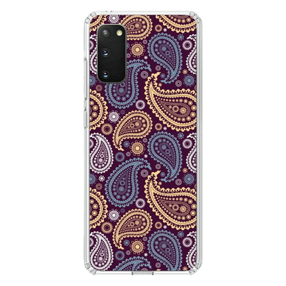 DistinctInk Clear Shockproof Hybrid Case for Galaxy S20 PLUS / 5G (6.7" Screen) - TPU Bumper, Acrylic Back, Tempered Glass Screen Protector - Purple Yellow Blue Paisley