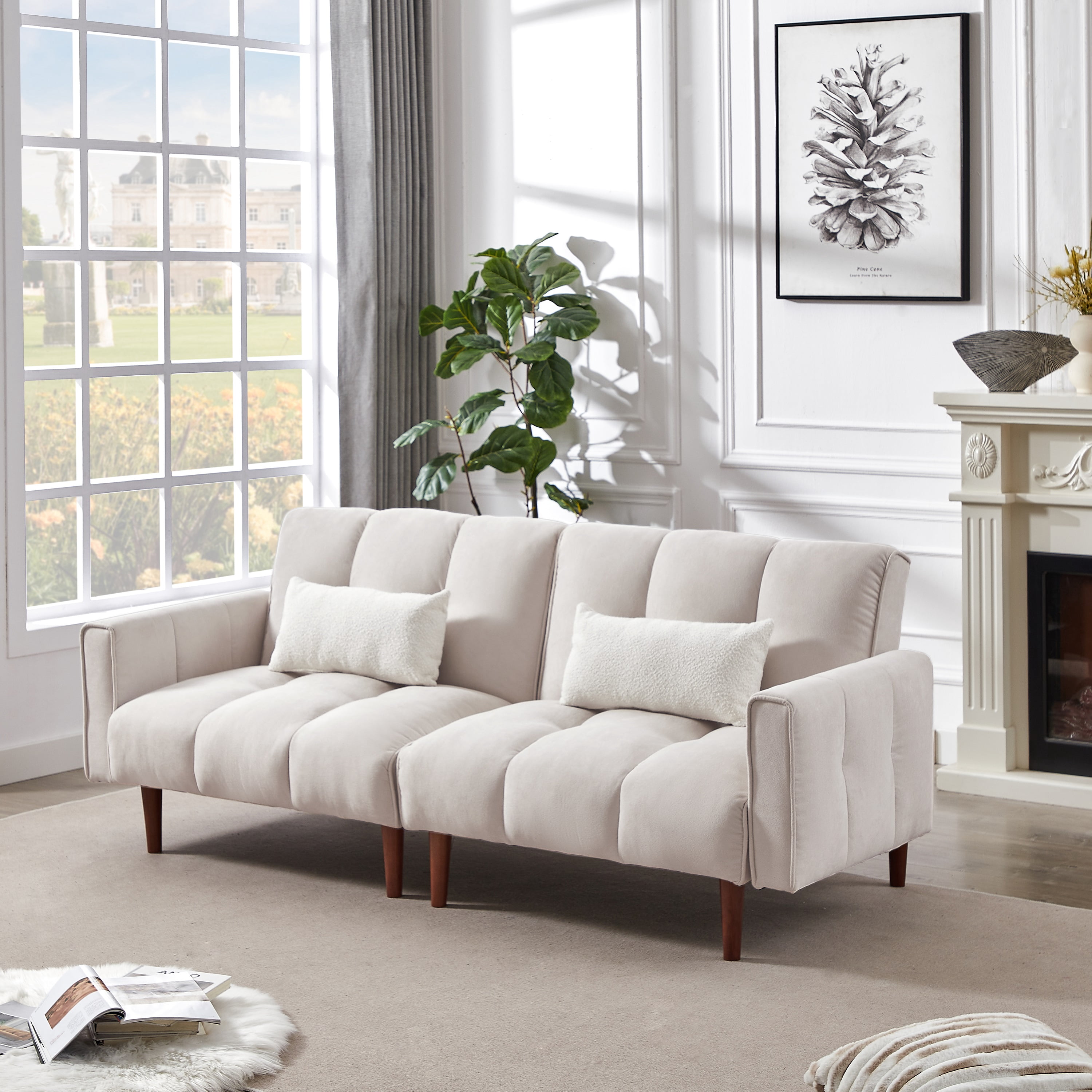 DEALTOPS Futon Convertible Sofa Bed, Upholstered Sleeper Sofa Couches Adjustable Back Loveseat for Living Room, Bedroom - Beige