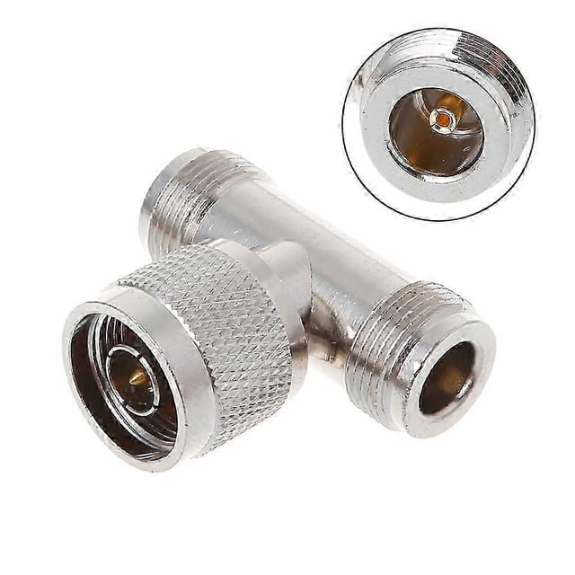 Adaptador coaxial de 3 vías con conector RF triple en forma de T N macho a 2 N hembra, color plata.