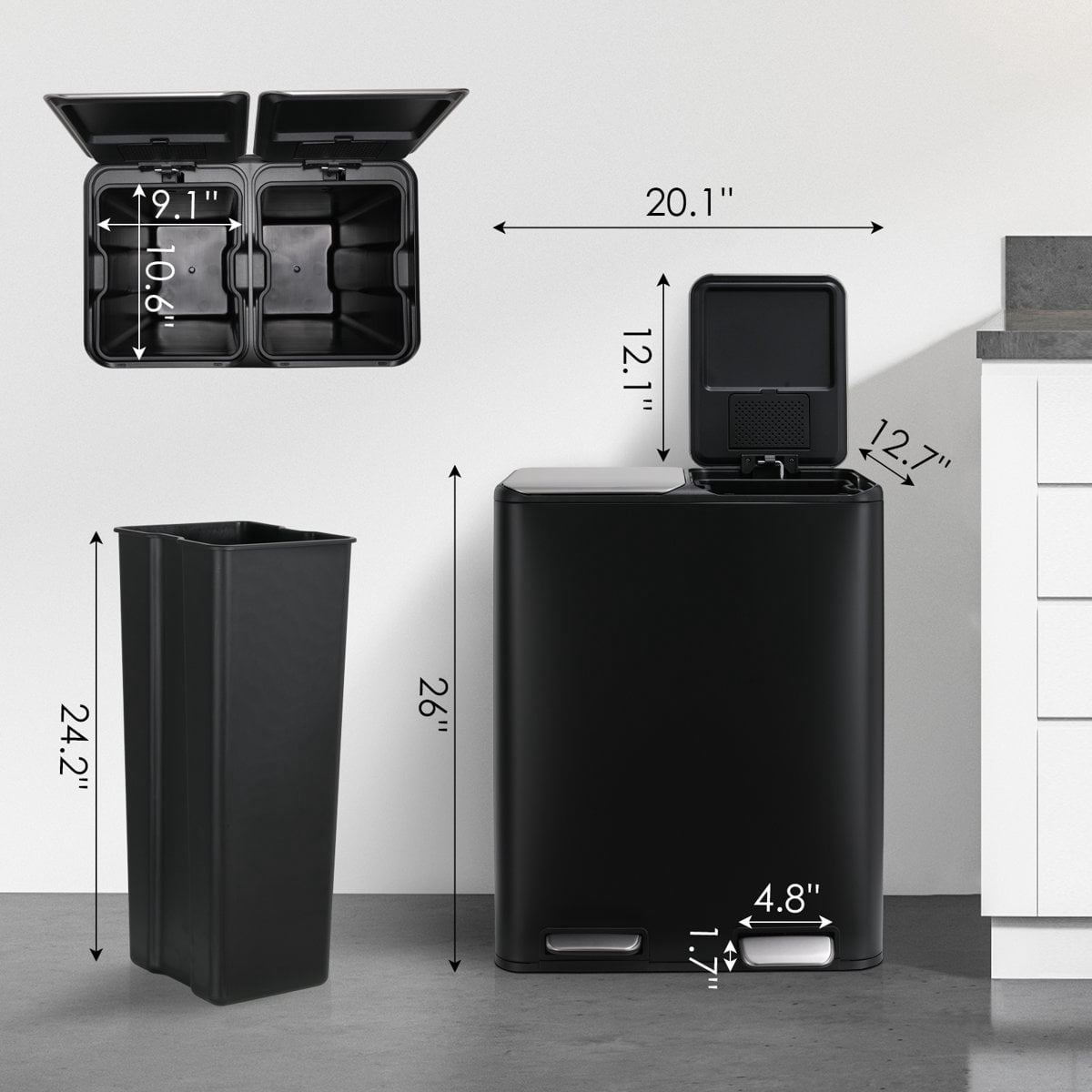 LAZY BUDDY 60 Liter / 16 Gallon Dual Trash Can, Rectangular Recycling Step Garbage Can for Kitchen, Stainless Steel