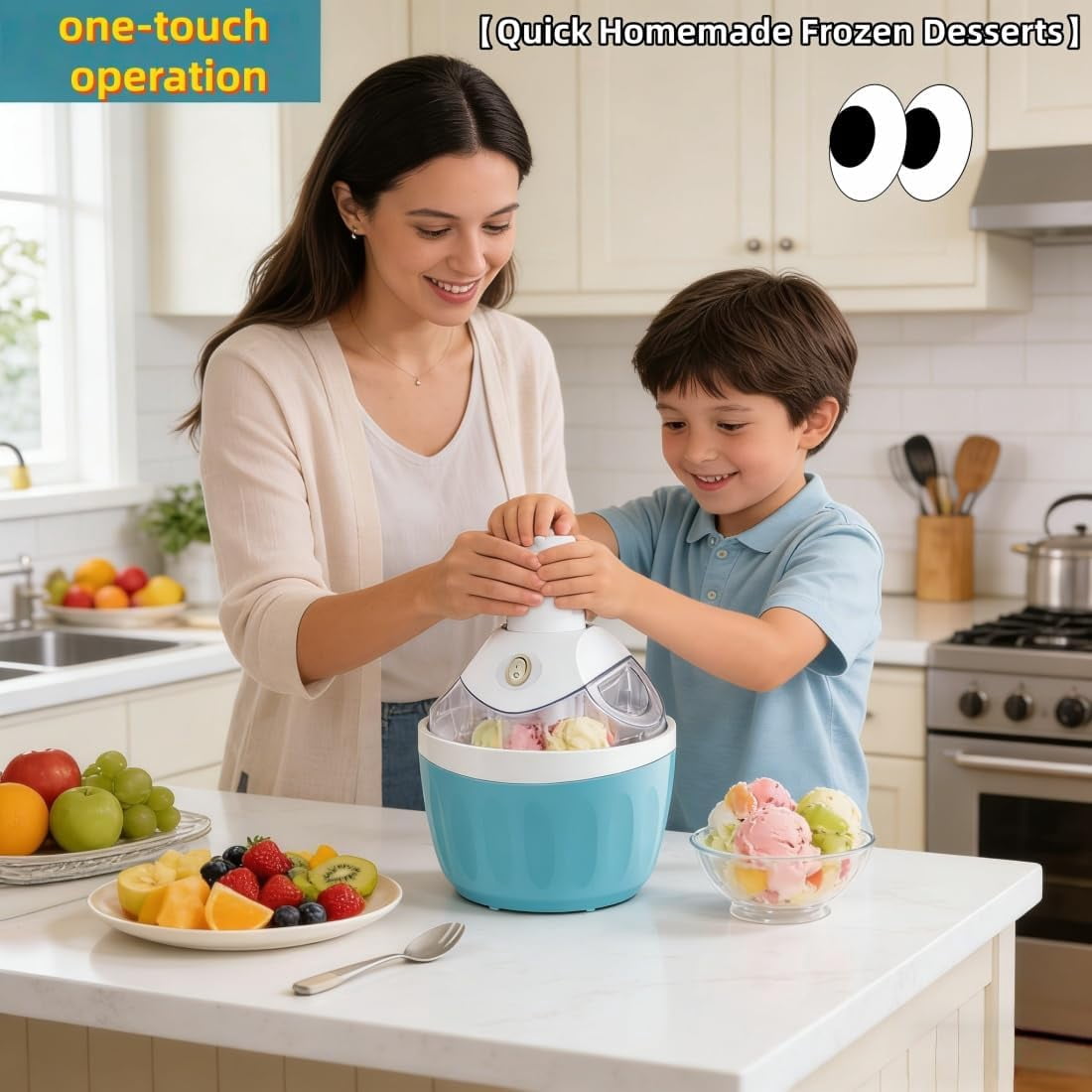 Small Home Mini Ice Cream Maker, 17oz Electric Gelato & Sorbet Machine with One-Touch Control, Personal Ice Cream Maker, DIY Makes Machine, Dessert Treats & Family Use (Blue-A)