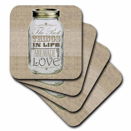3dRose Mason Jar on Burlap Print Brown - The Best Things in Life are Made with Love - Gifts for the Cook, Ceramic Tile Coasters, set of