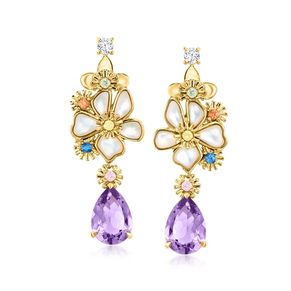 Ross-Simons Mother-Of-Pearl and 5.50 ct. t.w. Multi-Gemstone Flower Drop Earrings in 18kt Gold Over Sterling, Women's, Adult