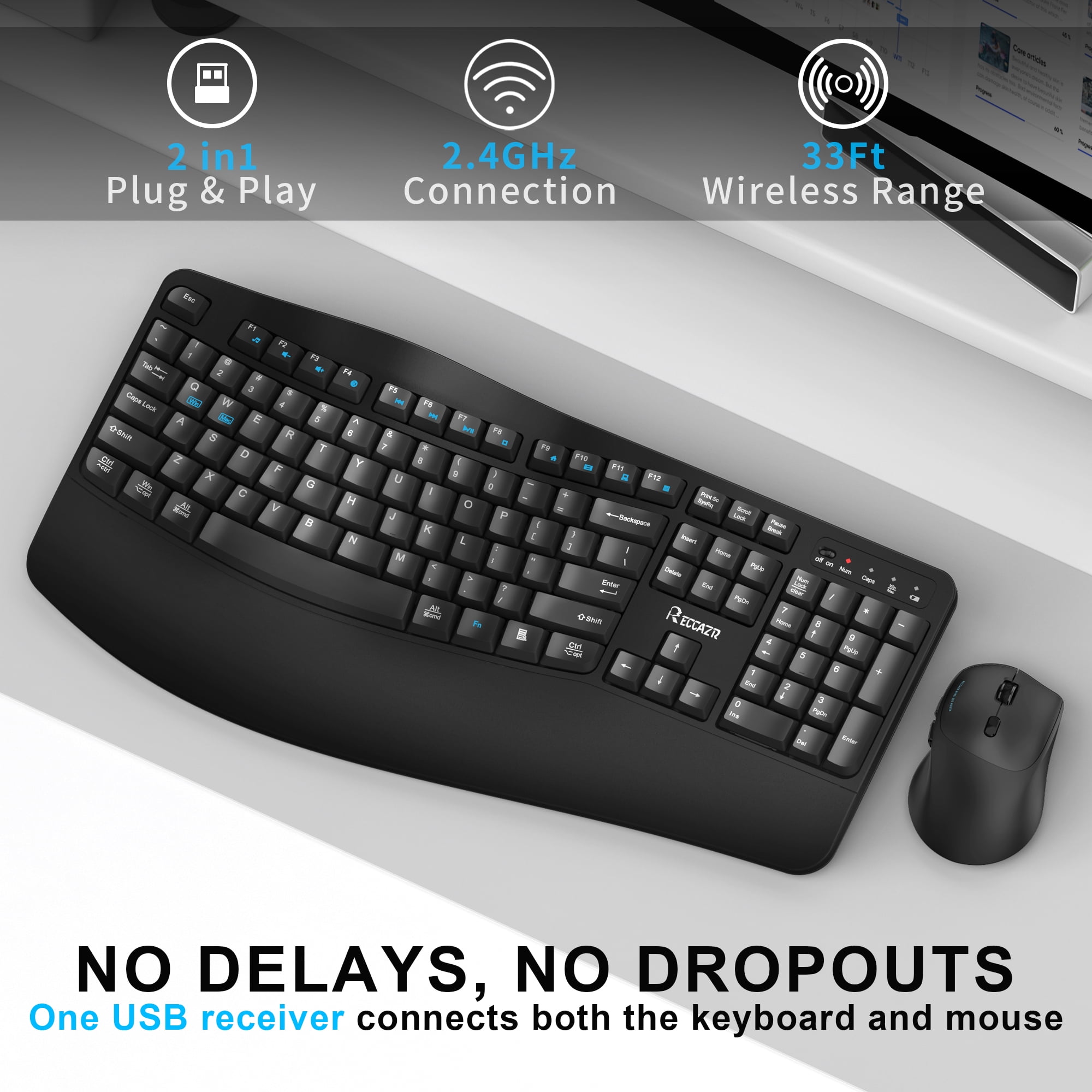 Wireless Keyboard and Mouse Combo,2.4G Full Size Wave Keys Ergonomic Keyboard with Wrist Rest for Natural Typing, 3 DPI Adjustable Ergonomic Silent Mouse for Computer/Laptop/Windows/Mac (Black)