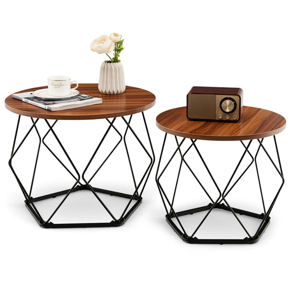 Finihen Coffee Table, Round Coffee Table, Set of 2 Modern Round Coffee Table with Pentagonal Steel Base, for Living Room, Reception Room, Rustic Brown