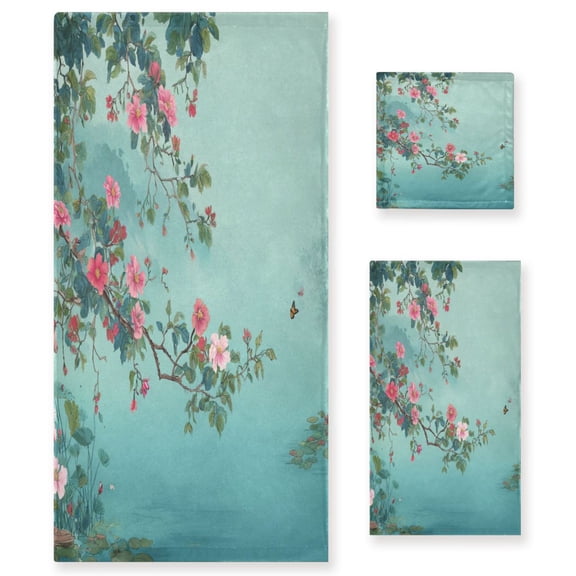3 Piece Bath Towels Set Bath Towel, Hand Towel and Face Towel for Bathroom, Gym, Hotel Flowers and Butterflies Flying