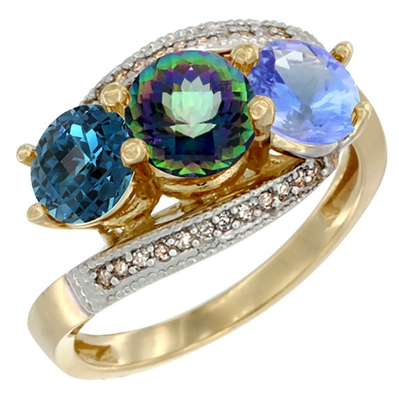 14K Yellow Gold Natural London Blue Topaz, Mystic Topaz & Tanzanite 3 stone Ring Round 6mm Diamond Accent, size 7