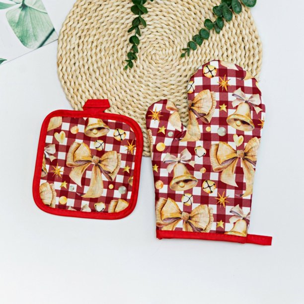 Manoplas y almohadillas aislantes de Papá Noel Juego de aislamiento para cocina y repostería Manoplas aislantes de franela para horno Almohadillas aislantes Adornos para árbol de Navidad con cord