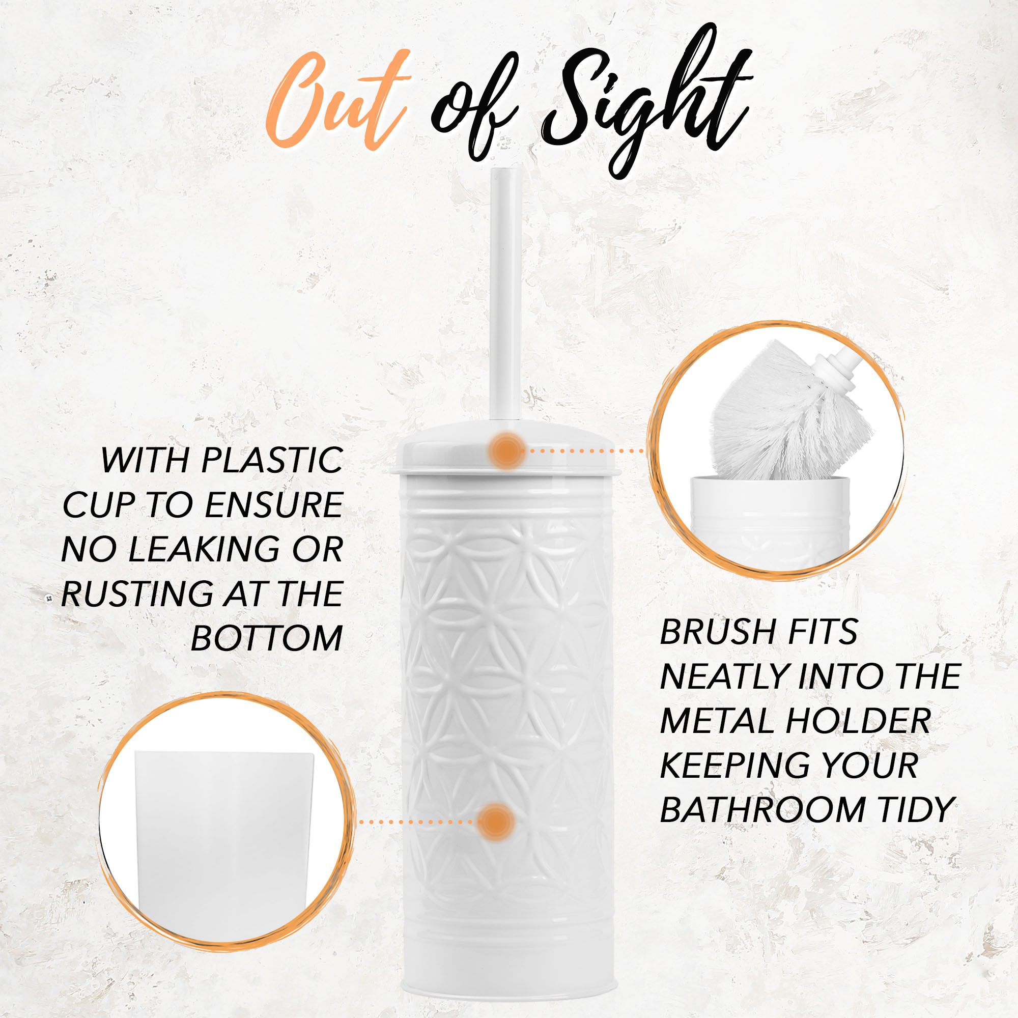 Autumn Alley 2-Piece White Metal Bathroom Set – Trash Can and Toilet Brush with Holder, Farmhouse Embossed Design