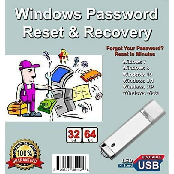Windows Password Reset Recovery USB for Windows 10, 8.1,8, 7, Vista, XP in 32/64 Bit