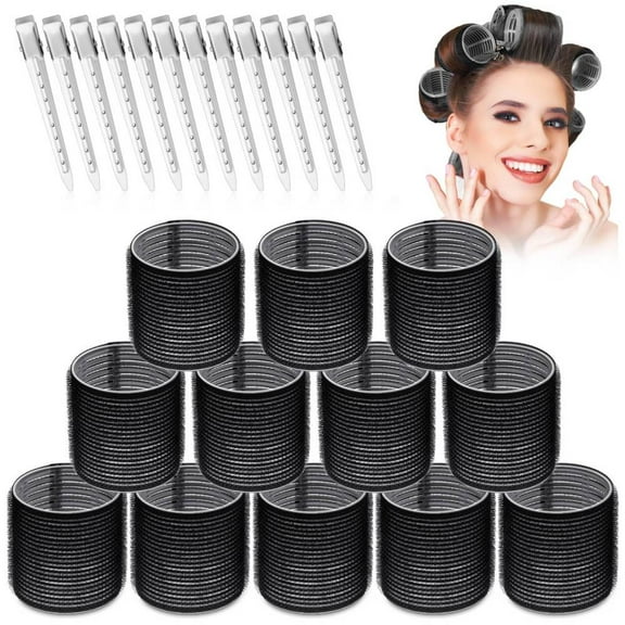 Large Hair Rollers Set - 24 Pieces with 12 Jumbo Rollers and 12 Clips for Long Thick Hair Volume (Black)