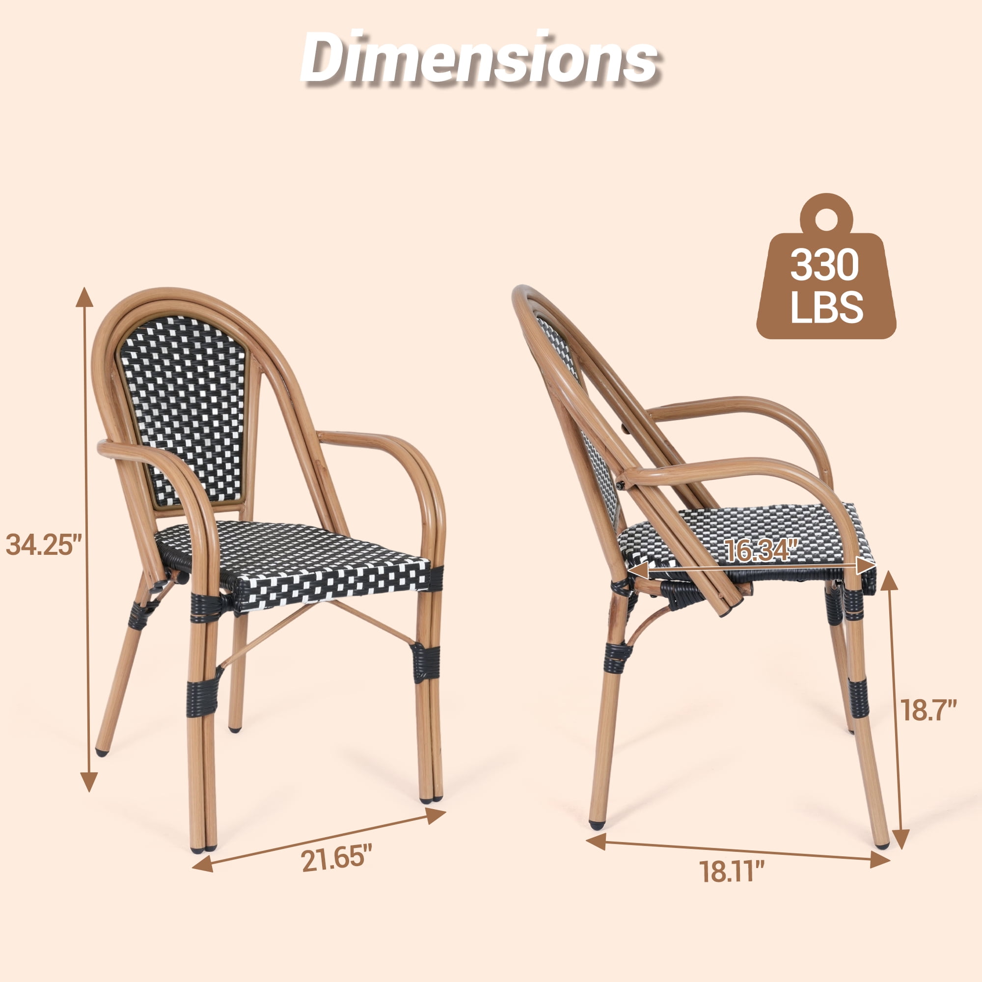 DELMANGO Metal & Faux Rattan Bistro Chairs, Stackable Patio Chairs, Outdoor Dining Armchairs, White/Black (Set of 2)