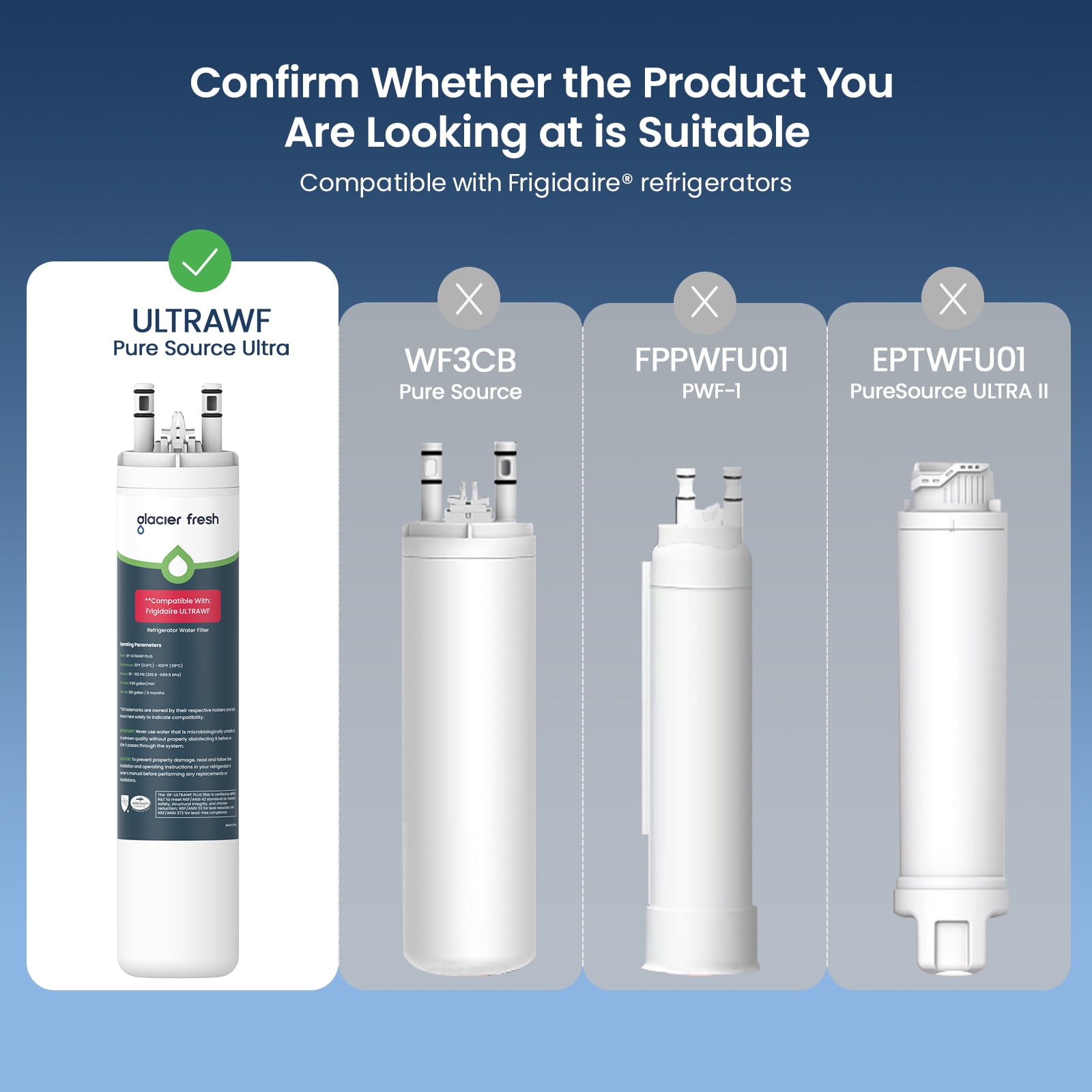 GLACIER FRESH ULTRAWF Refrigerator Water Filter, NSF/ANSI 53 & 372 Certified, Compatible with Frigidaire Pure Source Ultra, Kenmore 9999, 469999, 46-9999, A0094E28261, 4 Pack