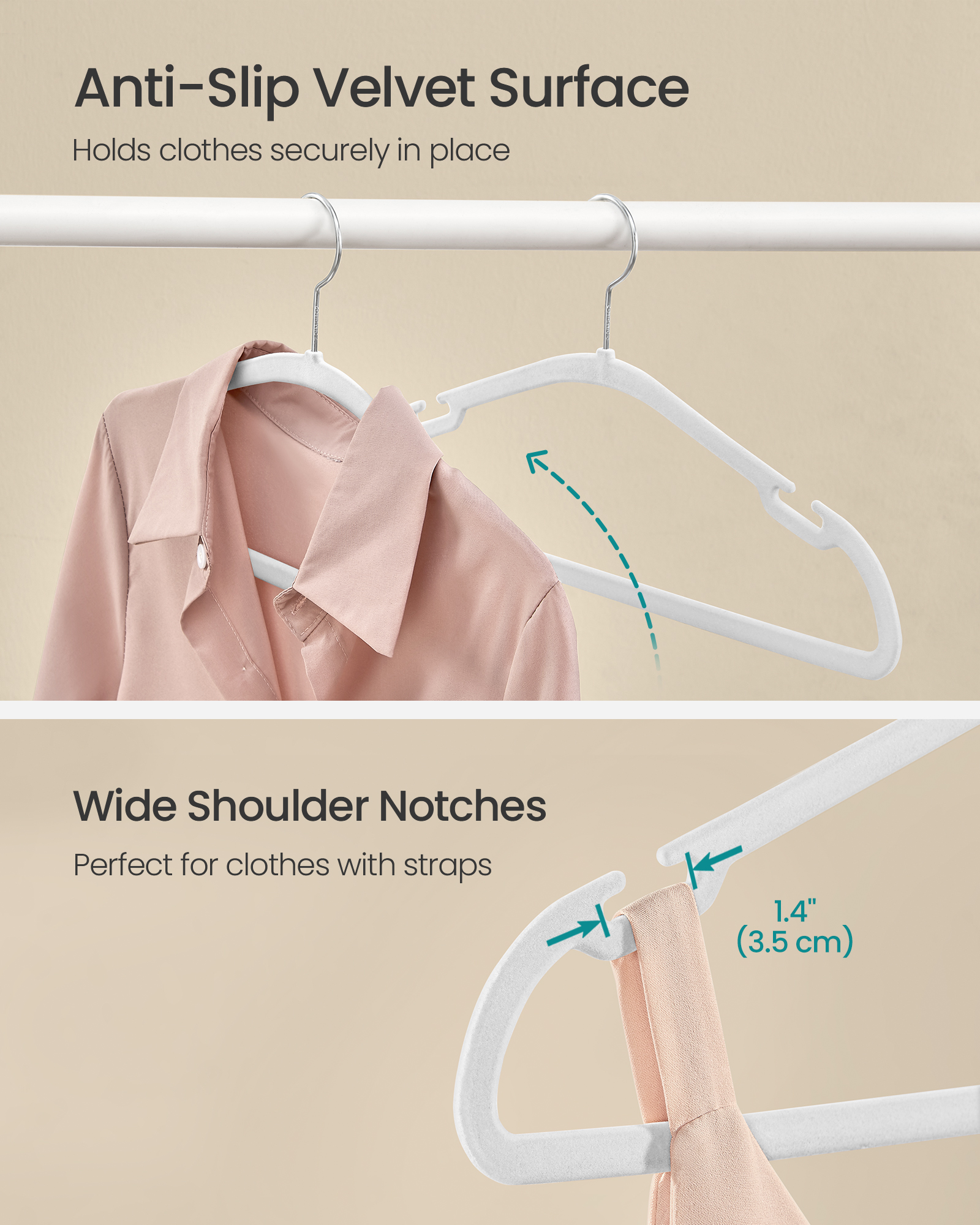 Velvet Hangers 50 Pack, Non-Slip Clothes Hangers, 17 x 8.3 Inches, Coat Hangers with Wide Shoulder Notches, Pants Bar, 360° Swivel Hook, Space-Saving, for Closet, Cloud White