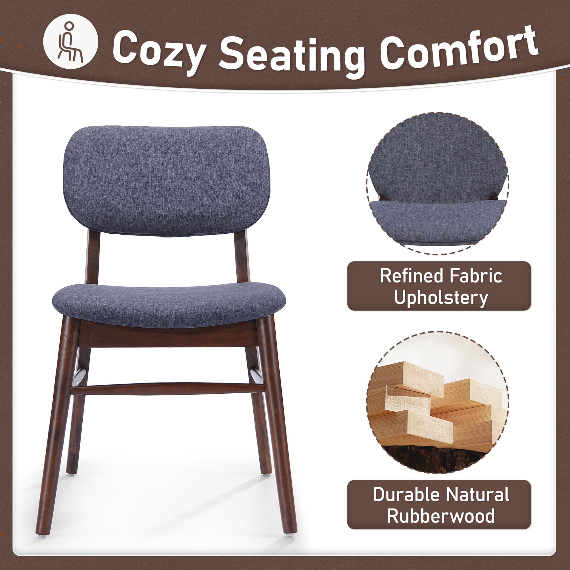 Dining Chairs Set of 2, Rubberwood Chairs with Upholstered Seat for Living Room, Dining Room, Walnut + Charcoal
