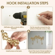 2Pcs Bow Wall Hook Decorative Bow Knot Hanger Multipurpose Gold Towel Hook Wall Mounted Hat Hanger for Living Room Bedroom
