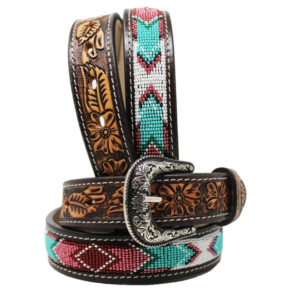 28  Youth 1-1/4" Western Floral Tooled Beaded Full-Grain Leather Belt 26RT49C