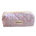 thumbnail image 1 of Bolsa de aseo acolchada de algodón a cuadros Bolsa de maquillaje con lazo lindo Bolsa para el cuidado de la piel para mujeres, 1 of 7