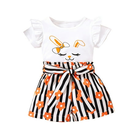 

B91xZ Baby Girl Spring Outfits Toddler Girls Short Sleeve Rabbit Printing T Shirt Tops And Stripe Prints Shorts 2PCS White Sizes 3-4 Years