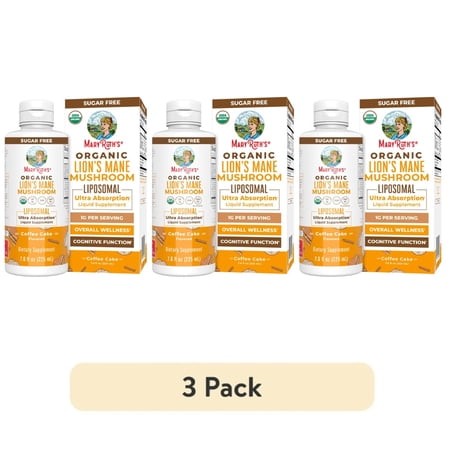 (3 pack) MaryRuth's Organic Lion's Mane Mushroom Liposomal Supplement, Overall Health, Organic, Vitamin E, Vegan, Dairy-Free, Coffee Cake Flavor, 7.6 fl oz