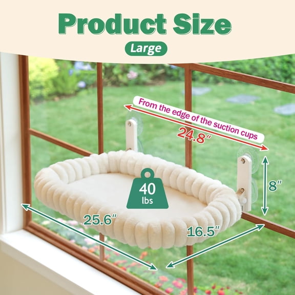 Large Cream White Foldable Cat Window Perch – Cordless Ultra-Soft Hammock, 4-Sided Bolster & Metal Frame, Machine-Washable for Large Cats & Kittens