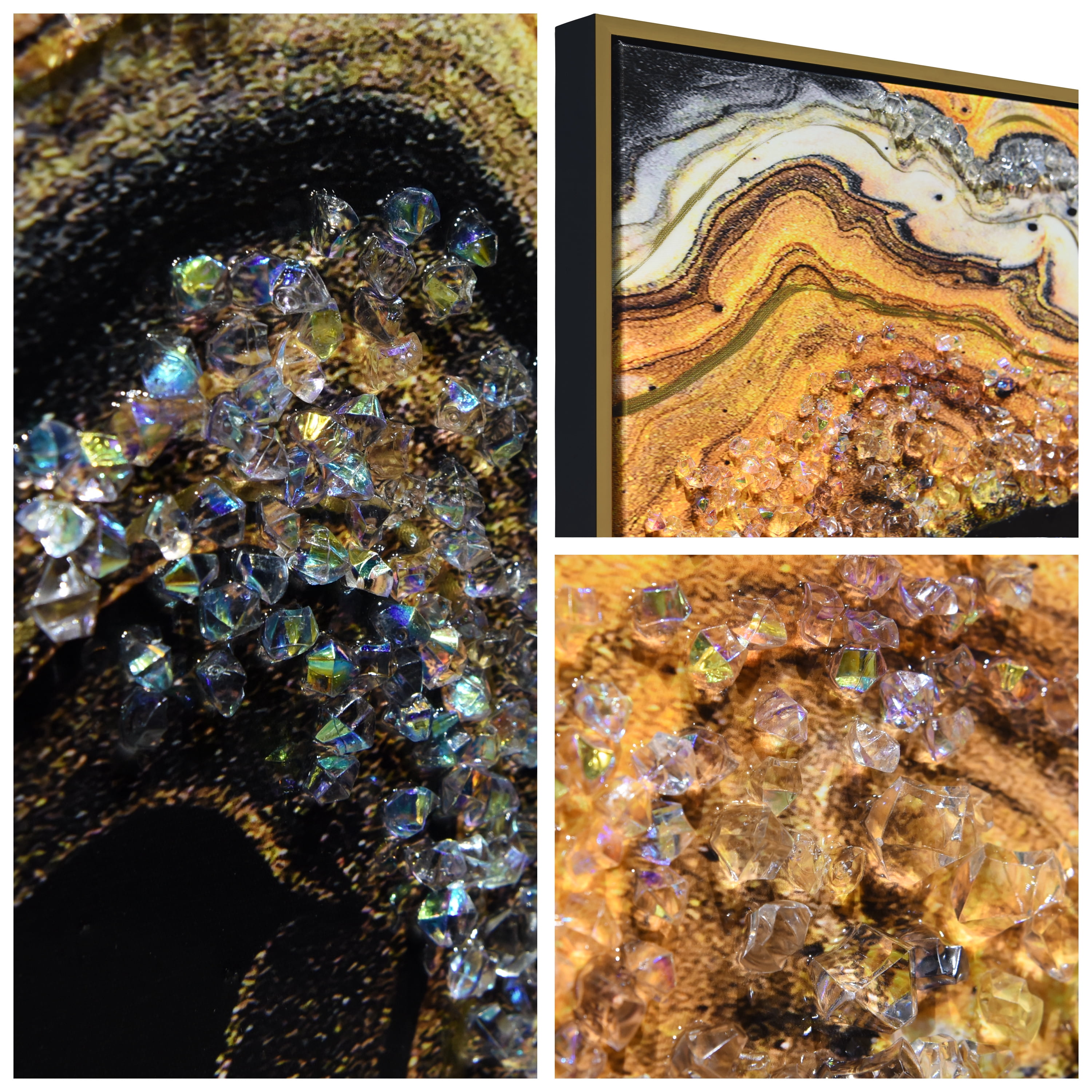 "Golden Earth I" Crystallus Epoxy Coated Wrapped Framed Glossy Abstract Canvas Wall Art with Heavy Acrylic Crystal Shards Embellishments