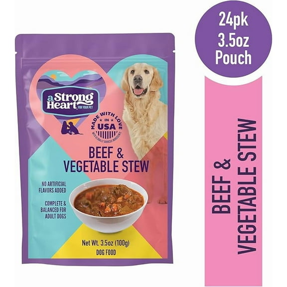 A Strong Heart Wet Dog Food Pouches, Beef & Vegetable Stew, 3.5 oz Pouches (Pack of 24), Made in The USA with Real Beef
