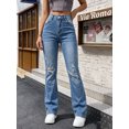 thumbnail image 6 of Women's High Waisted Straight Leg Jeans Distressed Blue Denim Cuffed Casual Pants, 6 of 7