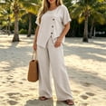 thumbnail image 6 of Two Piece Lounge Sets for Women Fashion Buttons Side Slit Solid Color Round Neck Short Sleeve Tops Elastic Waist Pants Sets Lounge Sets Wide Leg Pants Sets with Pockets, 6 of 8
