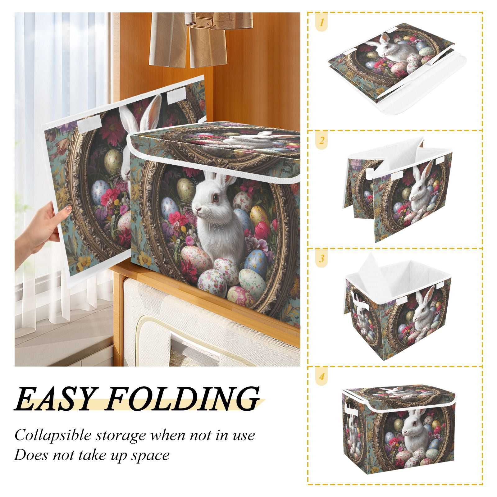 Rabbit Easter Eggs Storage Basket for Shelves Foldable Container Organizer for Organizing Toys Clothes Books with Handles