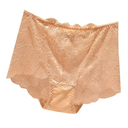 BYHONG Ladies  Lace Sexy Solid Color Transparent Mid High Waist Plus Size Triangle Pants Womens Panties Beige L