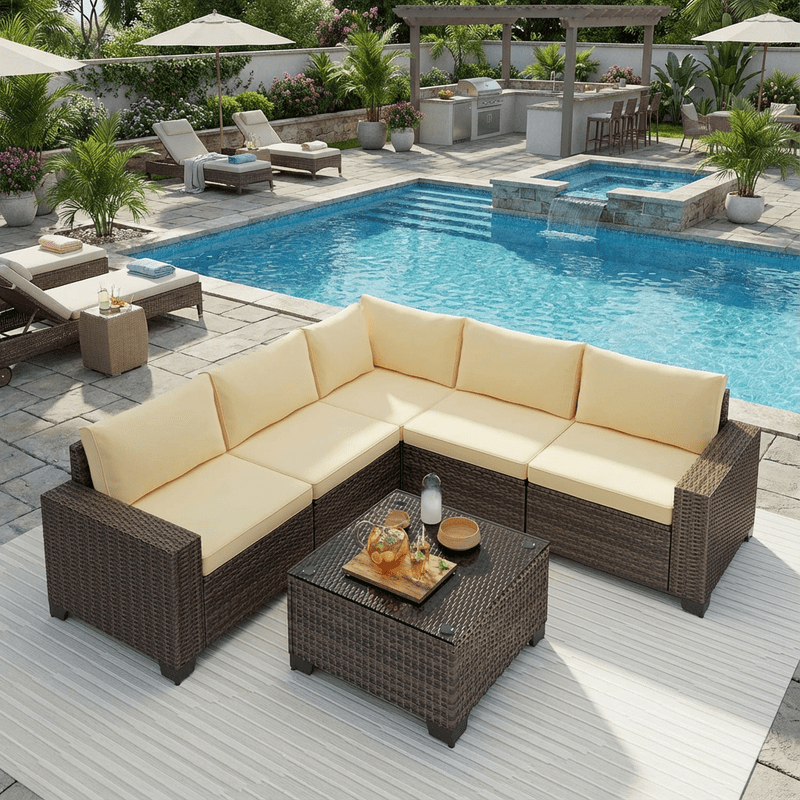 6-Piece Outdoor Patio Sectional Sofa Set with Coffee Table - All-Weather PE Wicker Rattan Conversation Set with Thickened Cushions for Garden, Backyard, Beige
