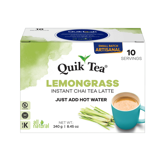 QuikTea Instant Lemongrass Ginger Chai Tea Latte, 10 Single-Serve Sachets, Artisanal Indian Chai Latte Mix, Just Add Hot Water, Low Caffeine, Non-GMO, Gluten Free