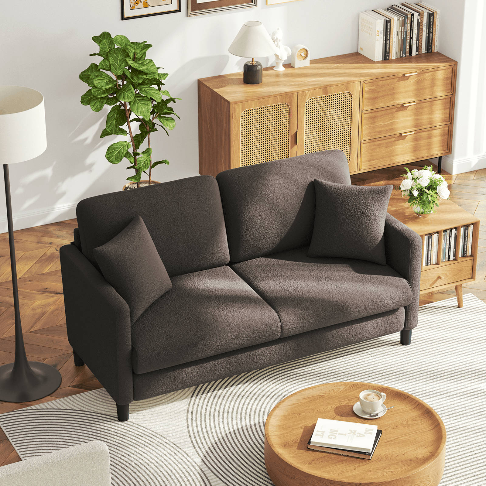 Neche 65" Sofa Couch for Living Room Office Small Space, Comfy Loveseat in a Box, Brown