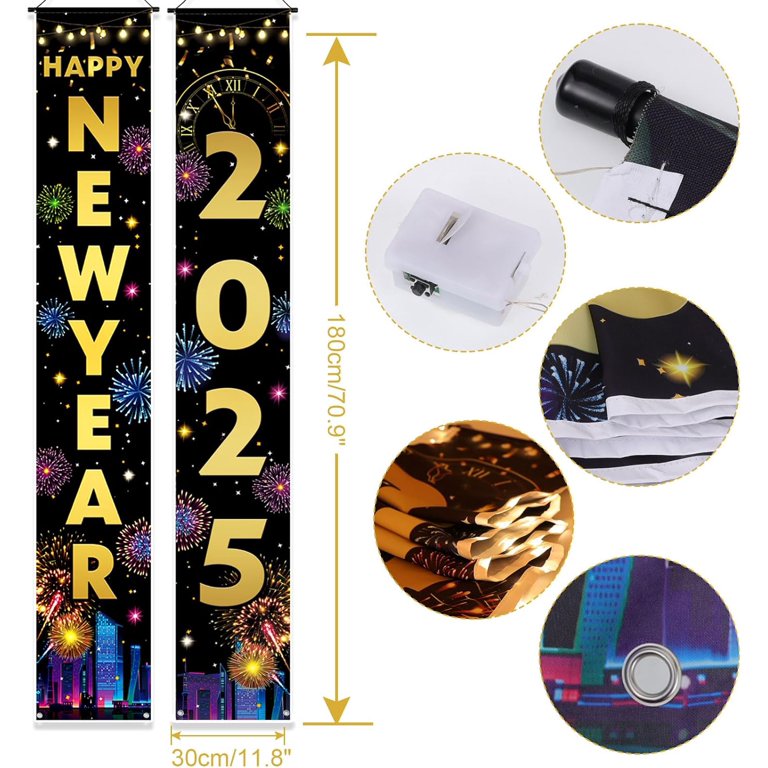Blue Happy New Year Banner With 18 Balloons - 2025 Glitter Yard Sign & Latex Balloons For Party