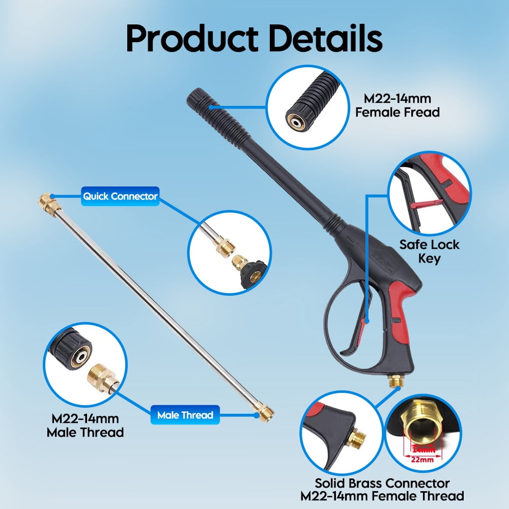 4000PSI Pressure Washer Gun with Extension Wand, High Power Washer Handle with M22-14mm, Car Wash Spray Gun +Extension Tube+7 Nozzle Kit