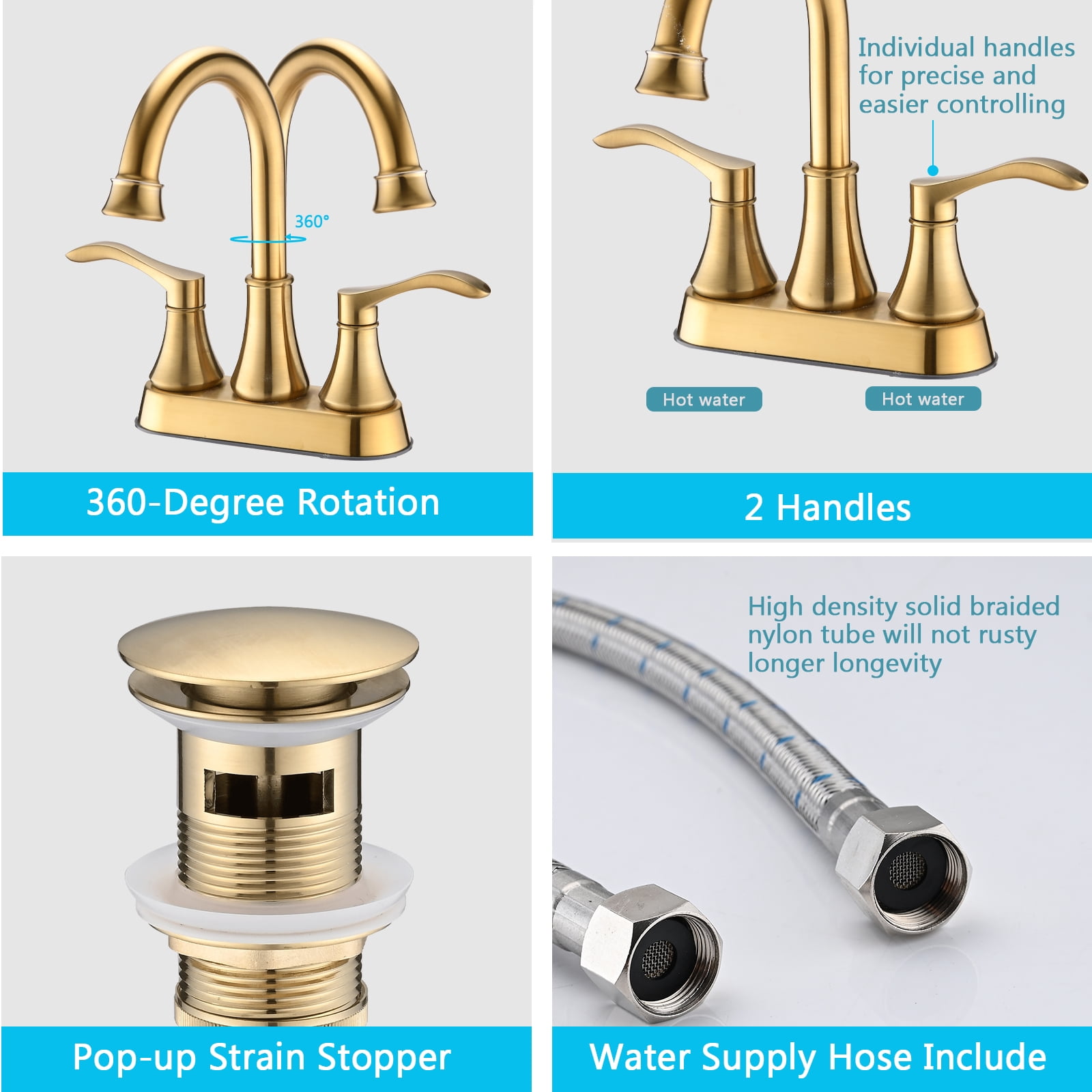 MAYEERTY 4"Centerset Bathroom Faucet with 360° Swivel Spout, Pop-Up Drain & Dual Handles, Brushed Gold