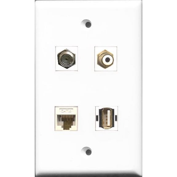 RiteAV 1 Port RCA White and 1 Port Coax Cable TV- F-Type and 1 Port USB A-A and 1 Port Cat6 Ethernet White Wall Plate