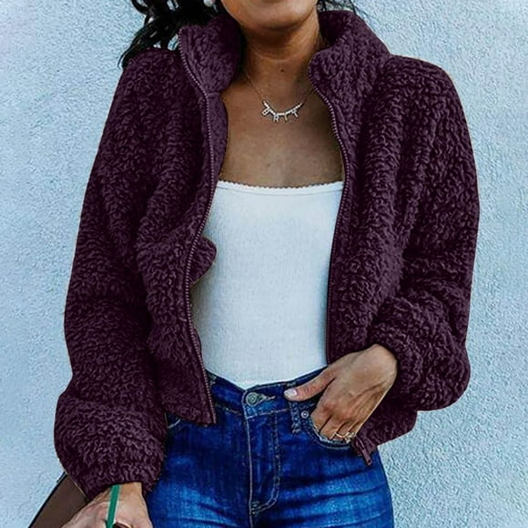 Women‘s Sherpa Jacket Lapel Long Sleeve Crop Fuzzy Fleece Zip Up Jackets Coat Winter Warm Solid Fluffy Shaggy Outwear