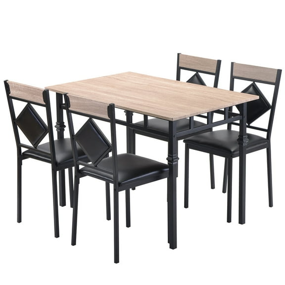 Wood Dining Table Set for 4 Modern 5 Piece Dining Room Table Sets with Leather Chairs, Wooden Rectangular Kitchen Table Set for Home, Kitchen, Living Room, Restaurant, CL587