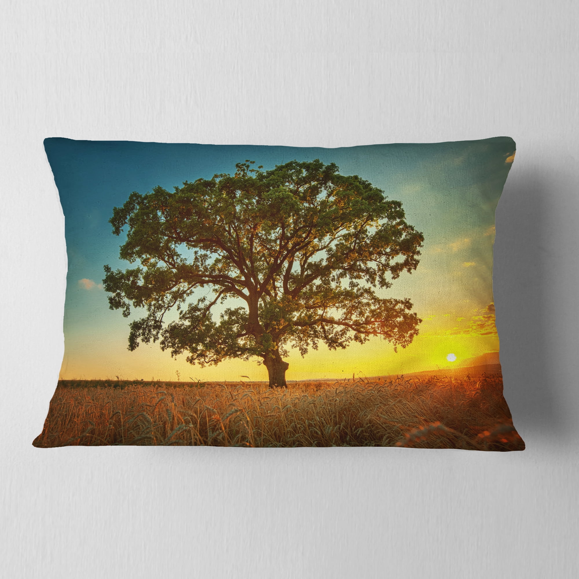 Designart Big Green Tree in Summer Field - Trees Throw Pillow - 12x20