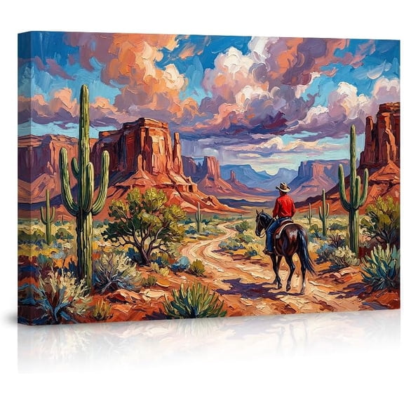Western Cowboy Desert Landscape Canvas Wall Art, Vibrant Oil Painting Style, Red Rocks & Saguaro Cactus, Scenic Sunset Wall Decor for Living Room Bedroom Home