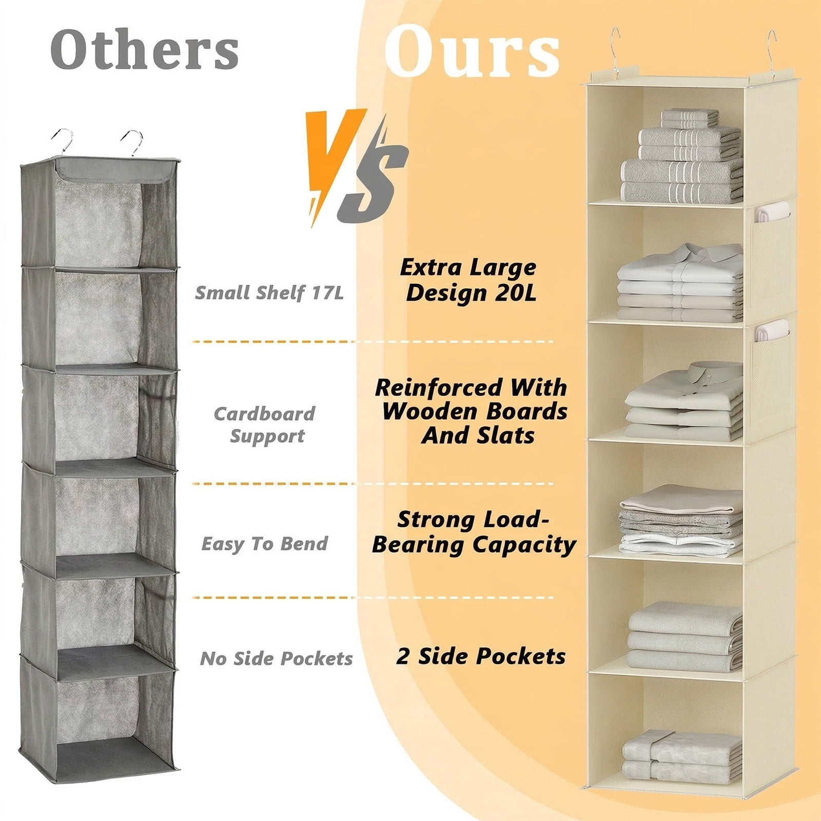 Closet Hanging Storage Shelves, 6-Shelf Hanging Closet Organizer with Bamboo Inserts, Foldable Closet Organizers and Storage for Bedroom,Sturdy Hook Closet Storage W/ 2 Side Pockets,Gray