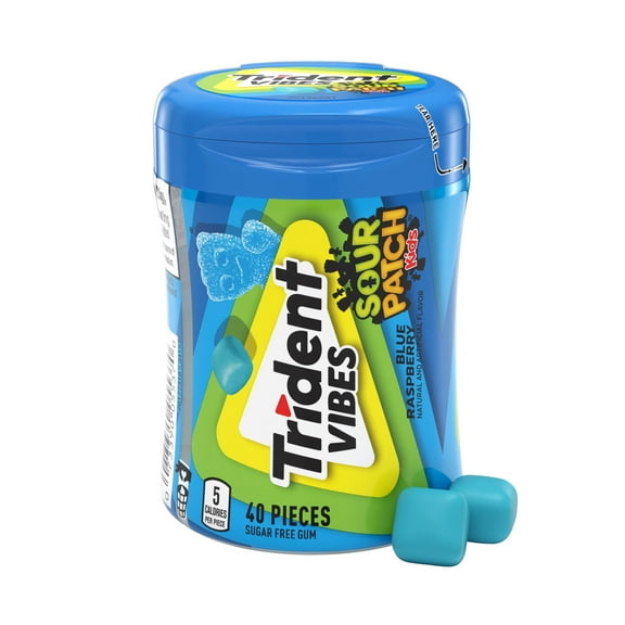 Trident Vibes Sour Patch Kids Sugar Free Gum, Blue Raspberry, Regular Size, 40 Piece Bottle