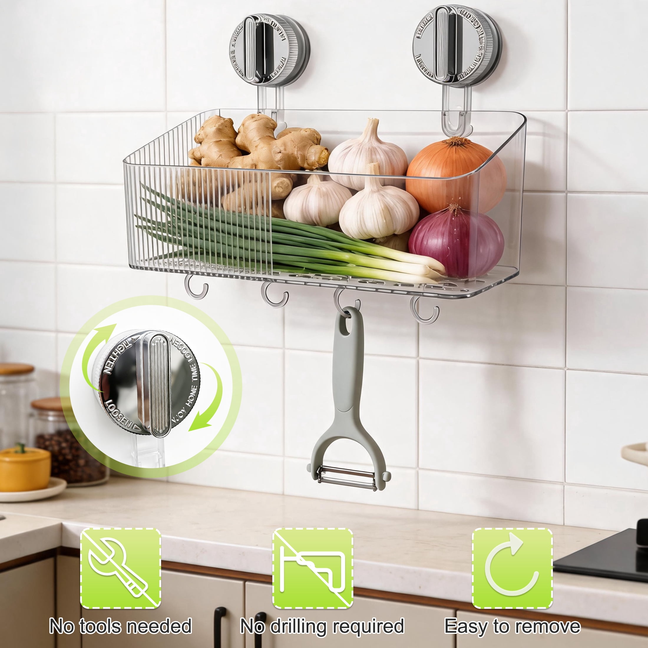 Suction Cup Shower Caddy, Clear Transparent Shower Shelf with Drainage Hole & Removable Hooks, No Drill Wall‑Mounted Bathroom Organizer for Bathroom, Kitchen, Toilet