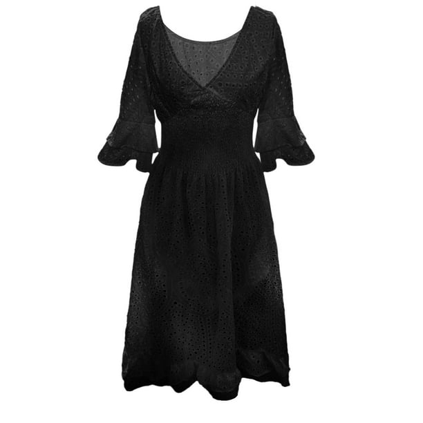 Gibobby Vestidos para Mujer Vestido de mujer con cuello en V, cómodo, holgado, de cintura alta, bordado(Negro,G)