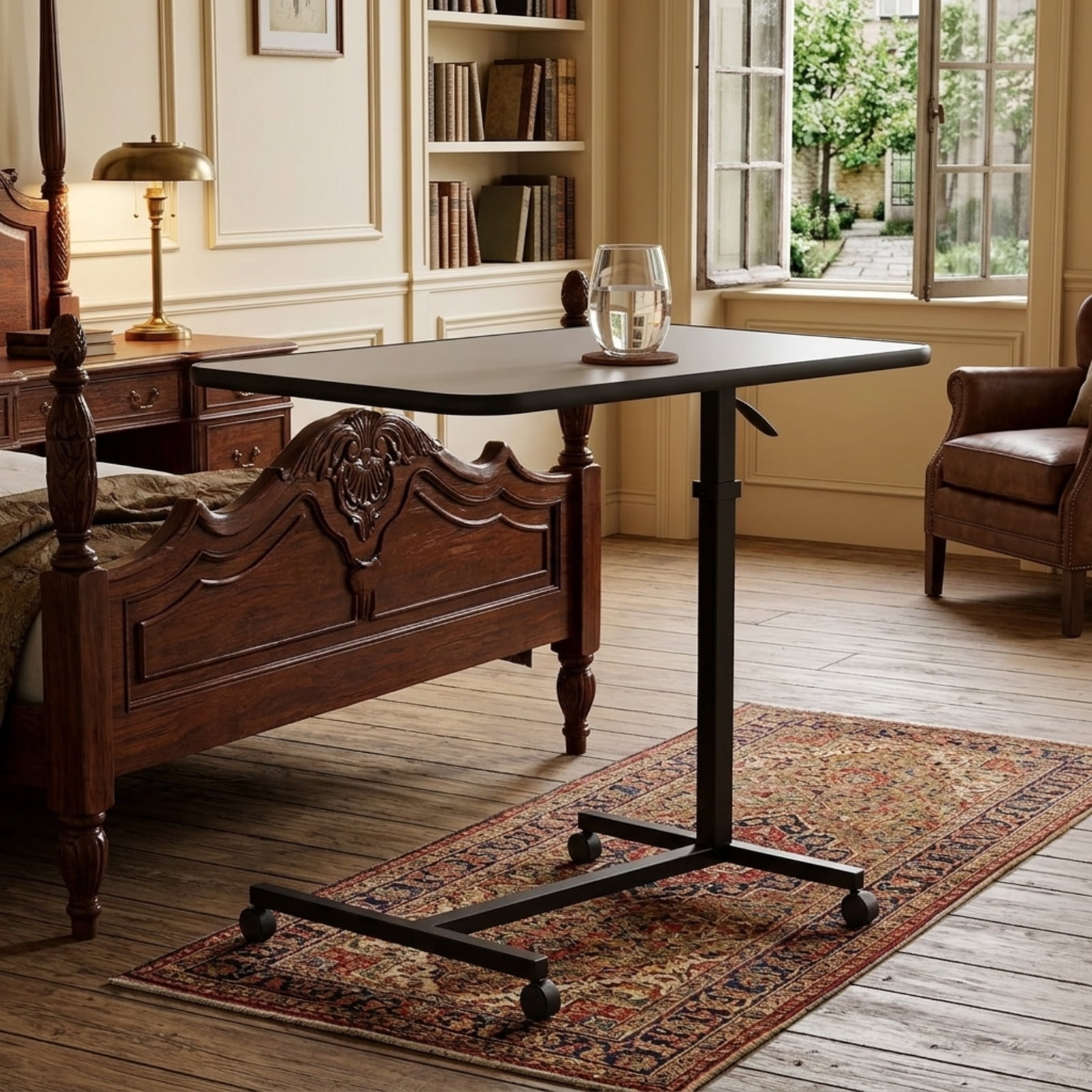 Fenbeli Adjustable Rolling Desk, Mobile Standing Desk with Wheels and Tilting Top, Brown Side Table for Couch Bed Home Office and Reading