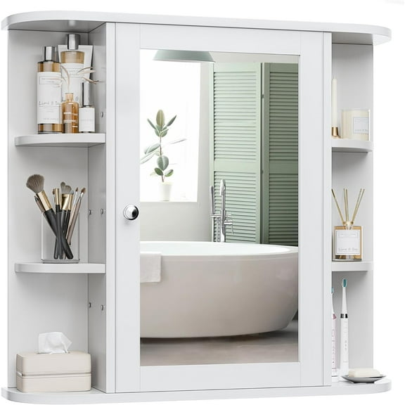 BOBOKY Bathroom Medicine Cabinet, Bathroom Mirror Cabinet Wall Mounted with 6 Side Open Shelves, Wall Cabinet with Mirror,White