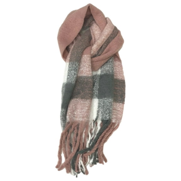 Womens Soft Pink Gray & White Plaid Checkered Fringe Blanket Scarf